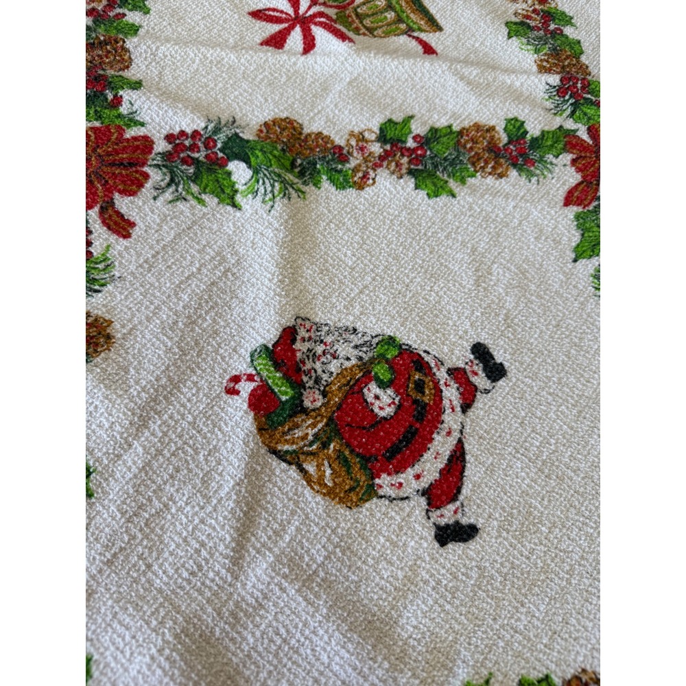 Vintage Christmas Tree Skirt 46 Inch Round Santa Sleigh Fringe Trim Woven White - Picture 8 of 9